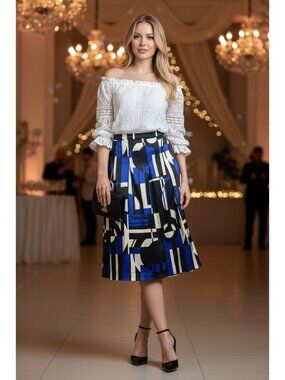 Lauren Ralph Lauren 100% Silk A-Line Pleated Skirt Blue Black Pockets Size10 NEW